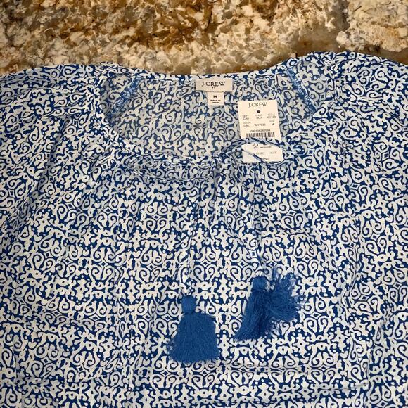 NWT J. Crew Blue and White Raglan Cotton Tassel Tie Boho Top  - SIZE MEDIUM - Picture 7 of 10